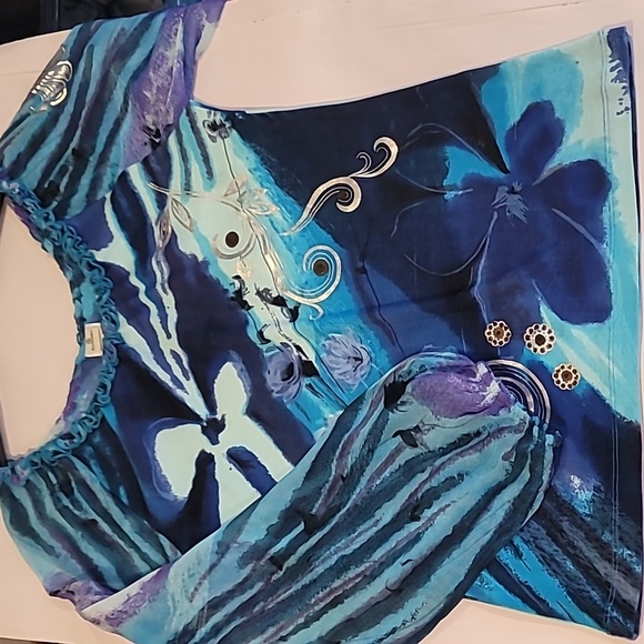 Forbidden Blue Ruffle Neck-line Sheer Balloon Sleeves Blouse - Picture 15 of 17